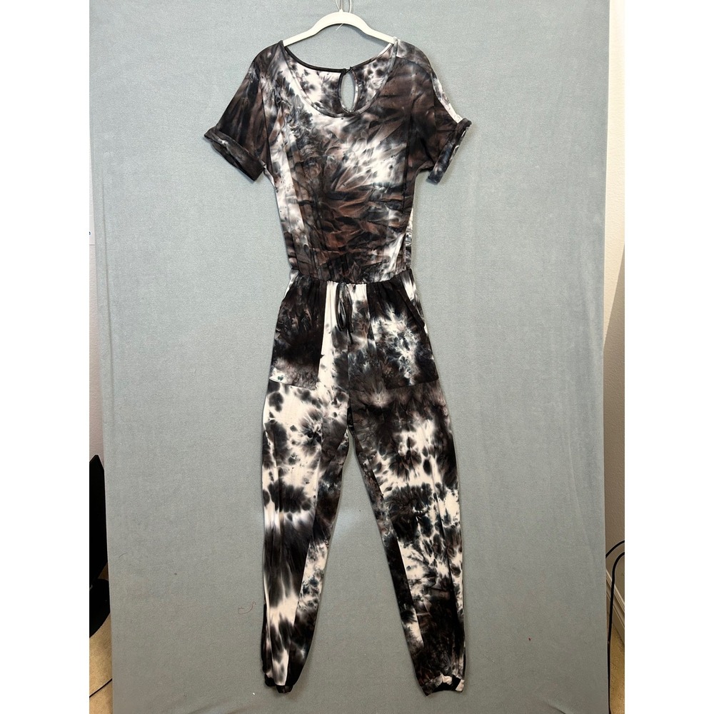 Womens Tie Dye Short Sleeve Jumpsuit Black Brown White Jogger Leg Pockets
